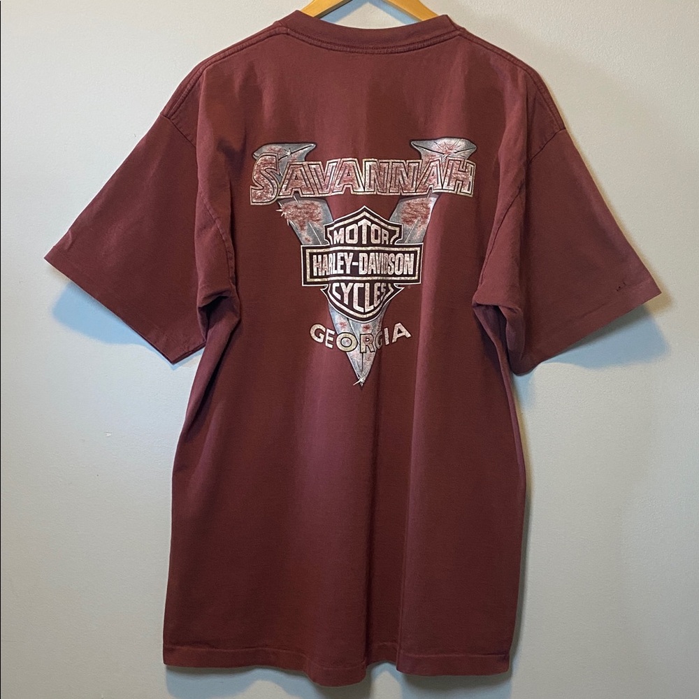 Harley Davidson Vintage Mens Savannah GA T-shirt XL Burgundy 100% Cotton Tee - Picture 7 of 13